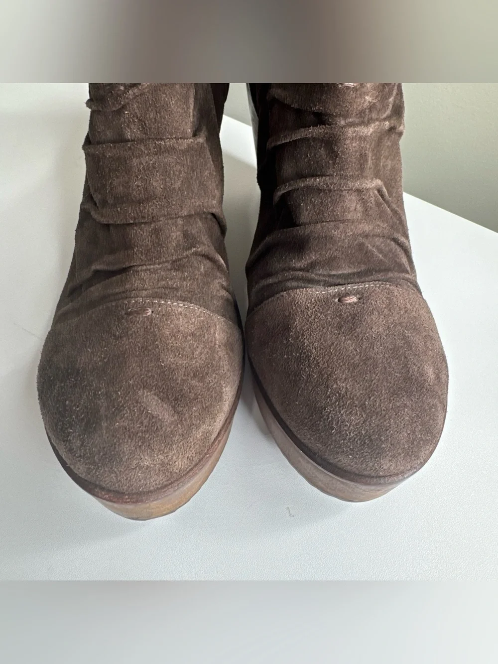 Trask Chocolate Brown Suede Leather‎ Ruched Wooden Block Heel Boho Ankle Booties